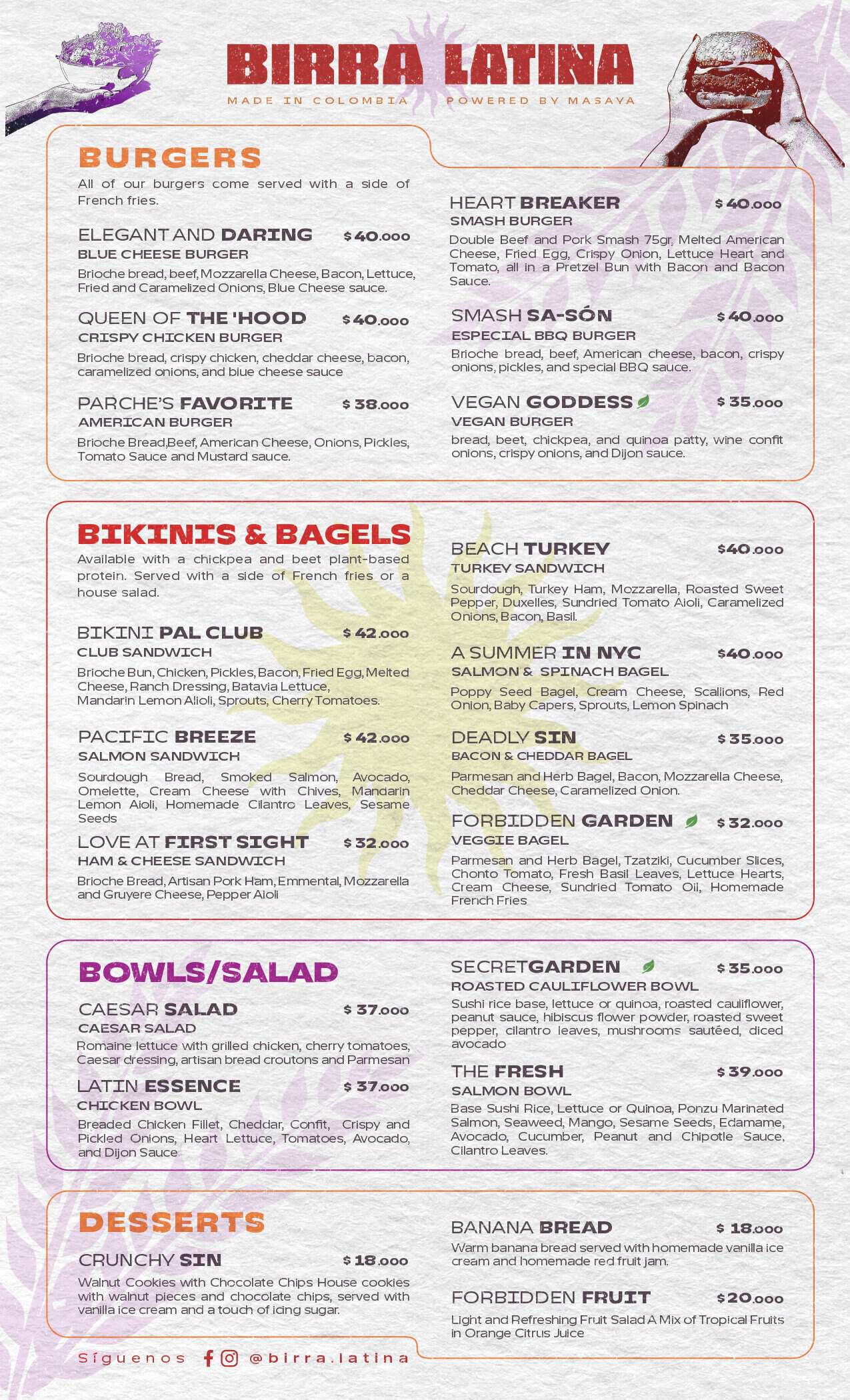 Variedad de cervezas artesanales y comida en un menú de restaurante, incluyendo opciones de burgers, snacks, bowls, y postres, en un ambiente relajado y moderno.