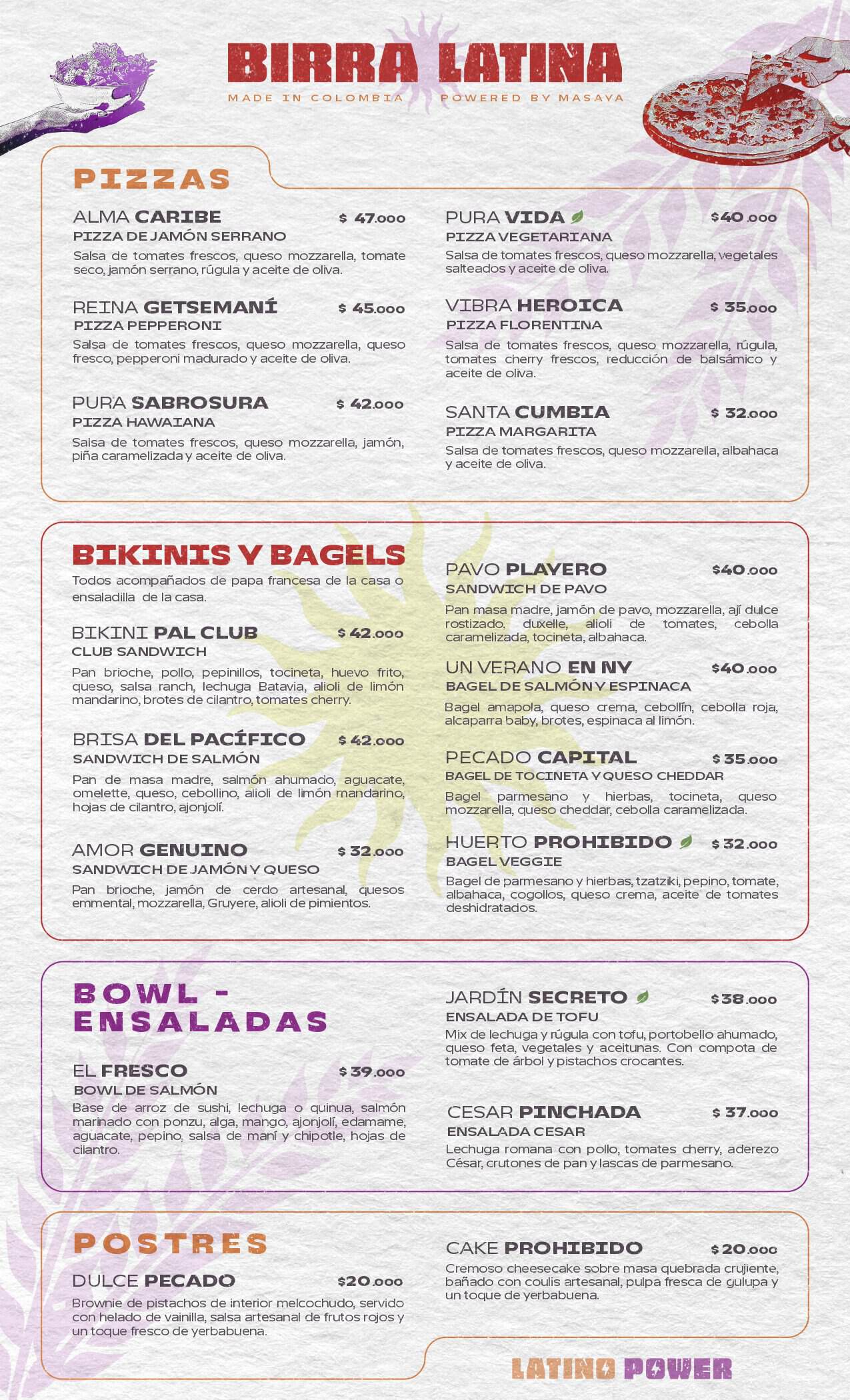 Menú de pizzería y comida en Masaya, con opciones vegetarianas, veganas y tradicionales.