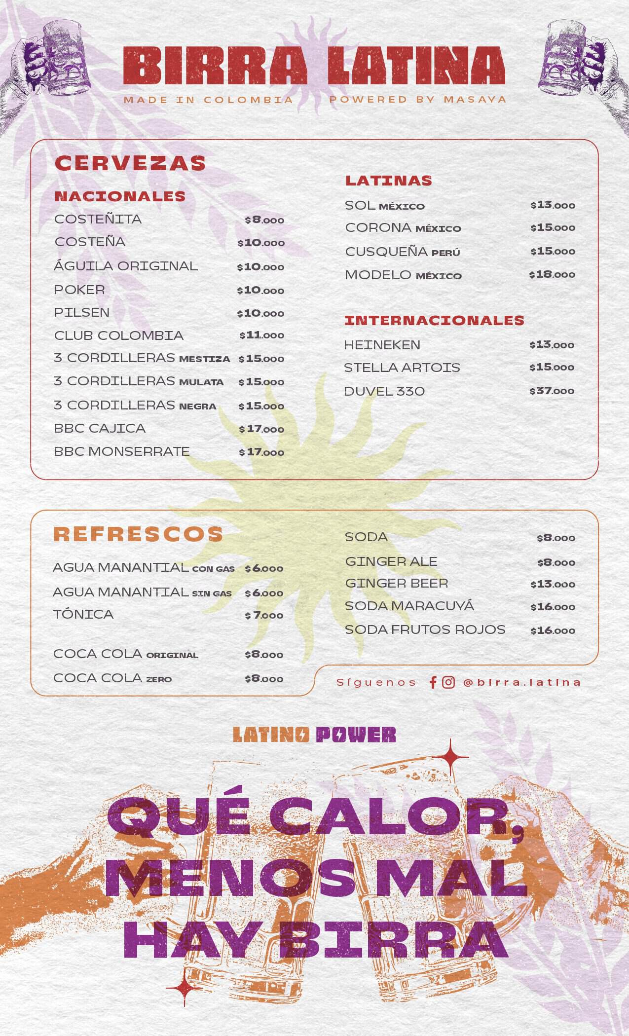 Menú de bebidas y cervezas de Birra Latina M con opciones nacionales e internacionales.