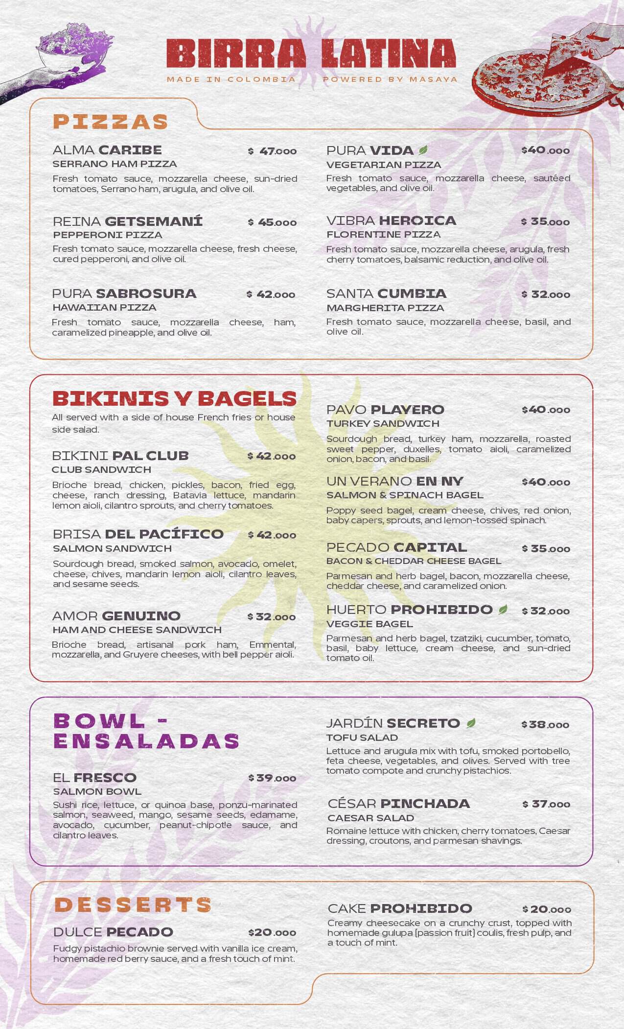 Imagen de una variedad de pizzas y comida en un restaurante de Masaya, con opciones de pizzas, desayunos y postres.