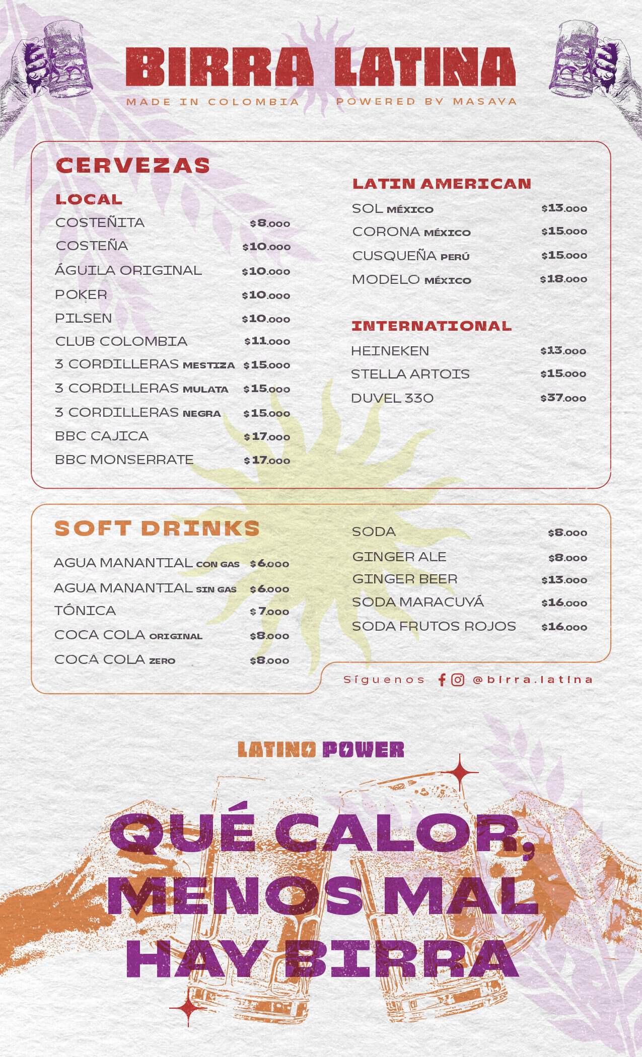 Menú de bebidas de Birra Latina con cervezas y cócteles en Colombia.